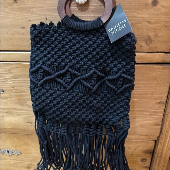 Danielle Nicole Handbags - Danielle Nicole Black Macramé Fringe Tote with Wooden Handles